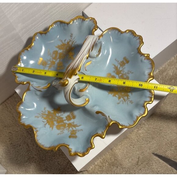 Limoges France Handled Divided Dish Blue Porcelain 11" Gold Trim Scalloped Edge - Picture 7 of 9